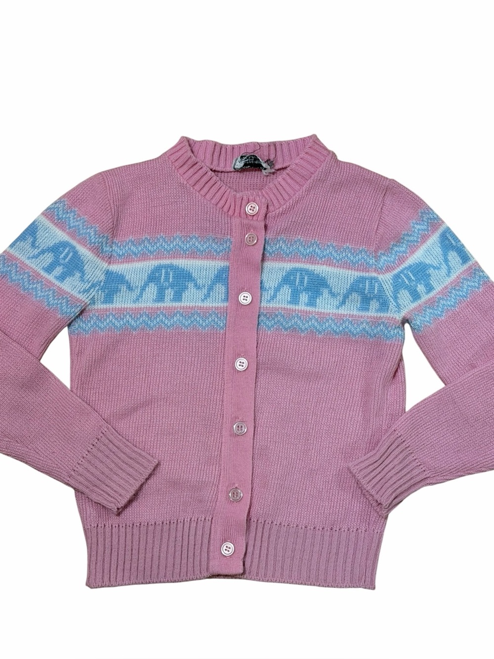 Julie Knitwear Vintage 80’s Girls 6/8 Pink Blue Elephant Cardigan Sweater B10‎